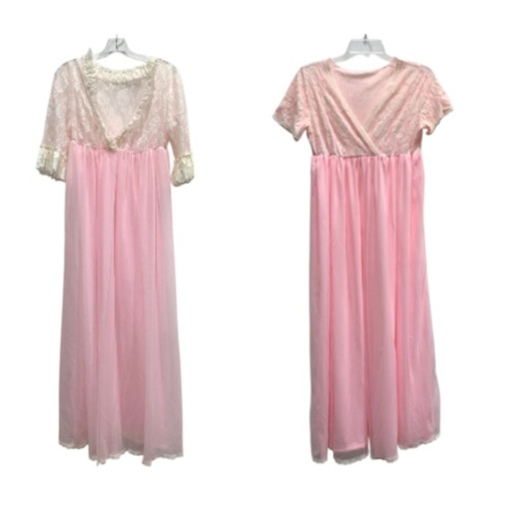 Vintage Pink Lace Maxi Nightgown Sheer Empire Waist Ruffle Sleeve Peignoir Dress